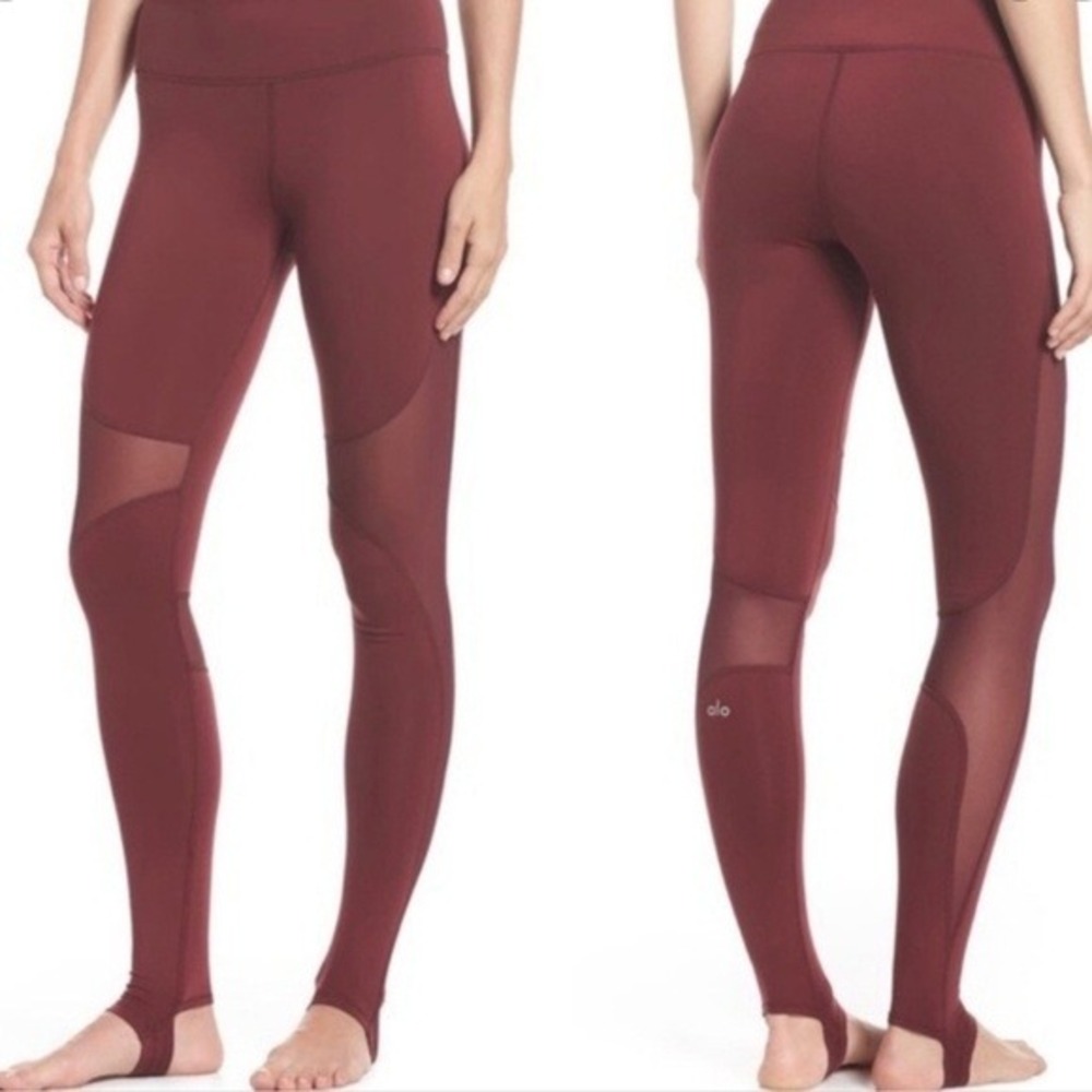 Alo Yoga High‎ Waist Stirrup Leggings Burgundy Mesh Panel Size XS